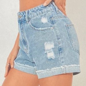 Petite Rolled Hem Ripped Denim Shorts